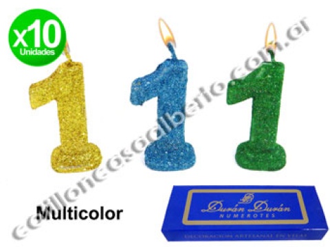 VELA NUMEROTE MULTICOLOR C/BRILLO X UNI.