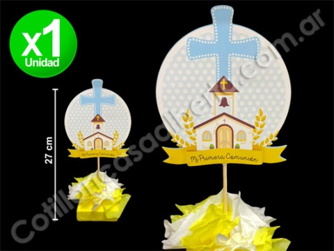 ADORNO COMUNION PAPEL CREPE CAPILLA CRUZ CELESTE