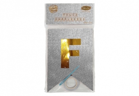BANDERIN GLITTER F/CUMPLE PLATA PT