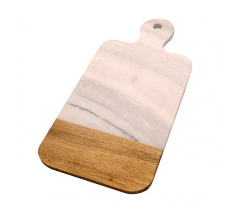 TABLA CON MANGO MARMOL BLANCO DORADO Y ACACIA 37X18
