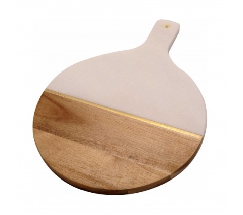TABLA REDONDA CON MANGO MARMOL BLANCO DORADO Y ACACIA 36X25.5
